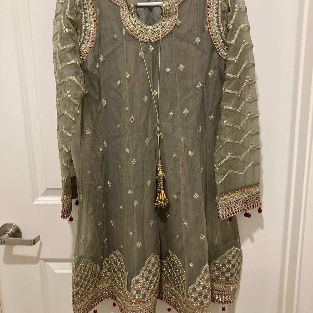 Fancy Desi Indian Pakistani Shalwar Kameez gray green silver work